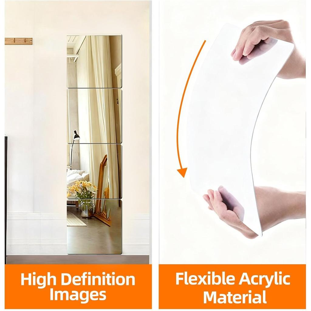 Self Adhesive Mirror Tiles 30x30cm,Stick On Wall Non-Glass Acrylic High Clear Mirrors Stickers,Flexible Full Length Plastic Mirror Sheets for Bathroom