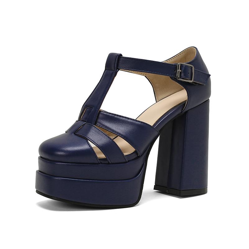 Comfortable Platform Women's Sandals Heels Chunky Closed Toe Leather Plus Size 15 T Strap Hollow Out Pumps Shoes