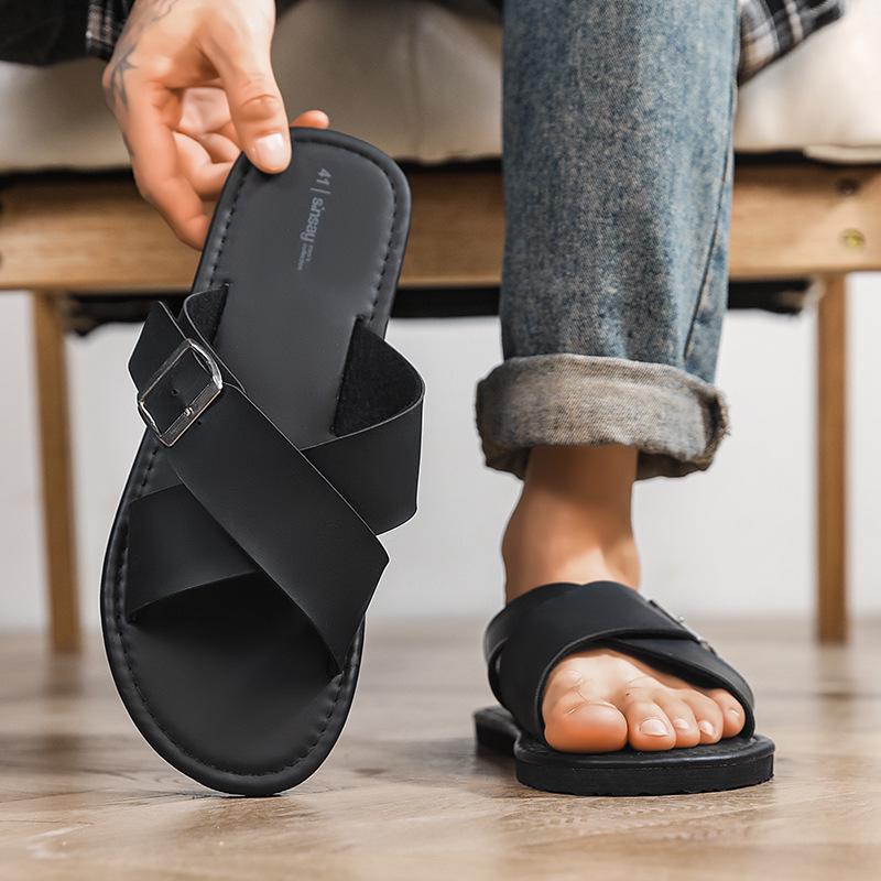 Men's Black One-Strap Flat Sandals - 2026 Summer High-End Fashion Beachwear
