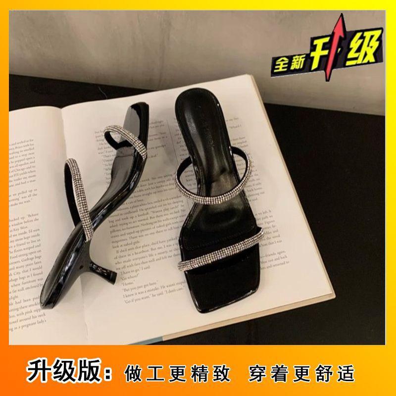 Square head thin heel rhinestone one-word drag women in the summer of 2025 new outer wear casual fashion high heel one-word sandals