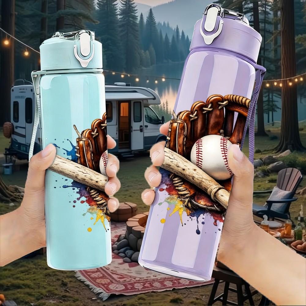 1PC Baseball Bat Glove Sport Equipment Print 750ml Color Plastic Sports Water Bottle Leakproof Flip Straw Lid Suitable for Sports Office Home Use