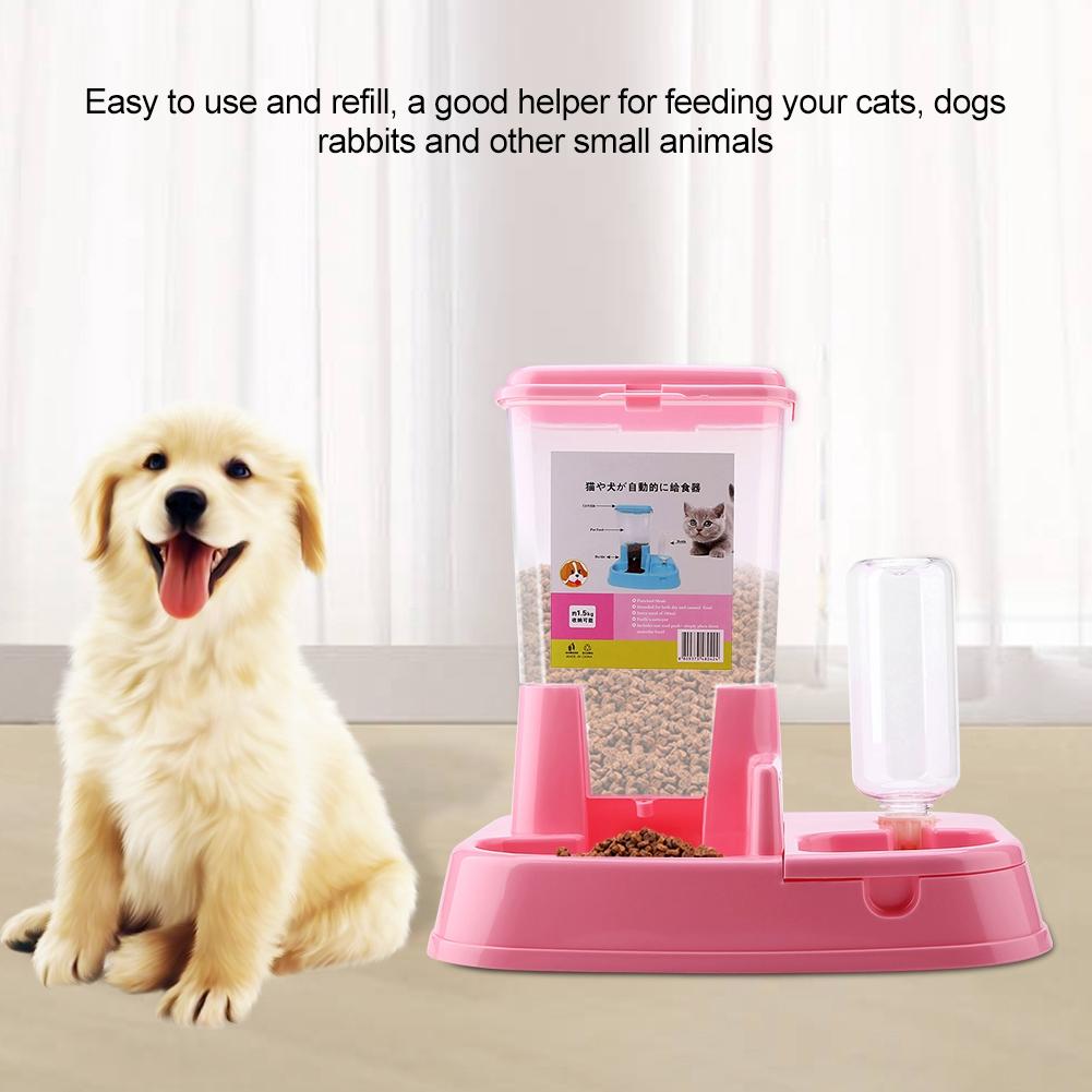 Automatic Pet Feeder Detachable Food Dispenser Water Bottle Cats Dogs Feeding Tool Pink