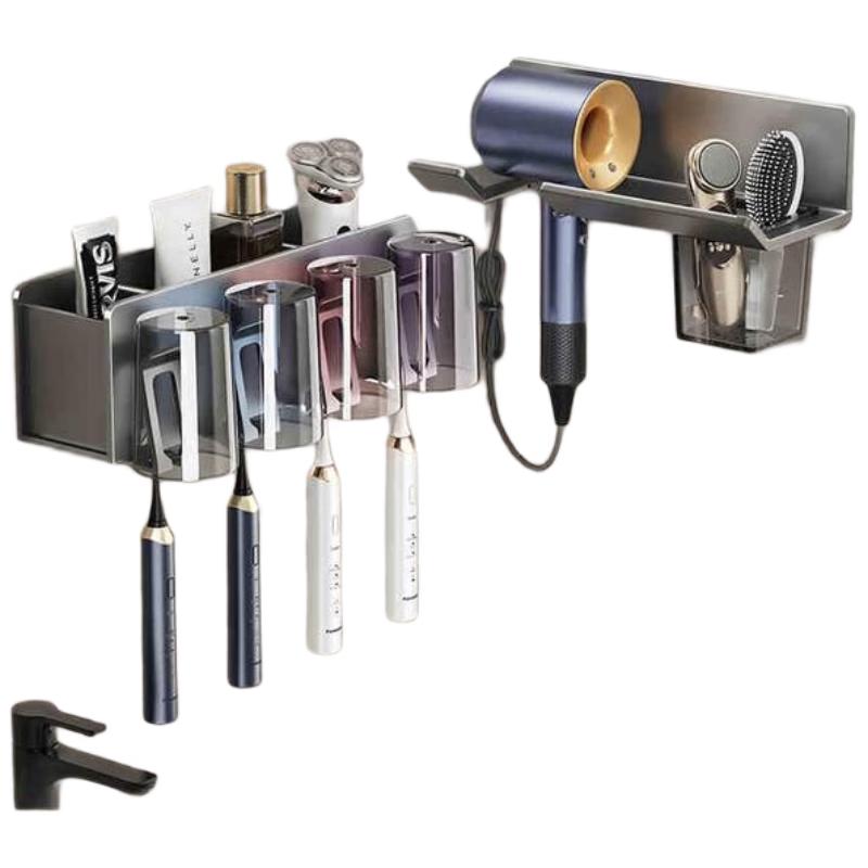 Adhesive Wall-Mounted 4-Person Toothbrush Holder with Hair Dryer Rack