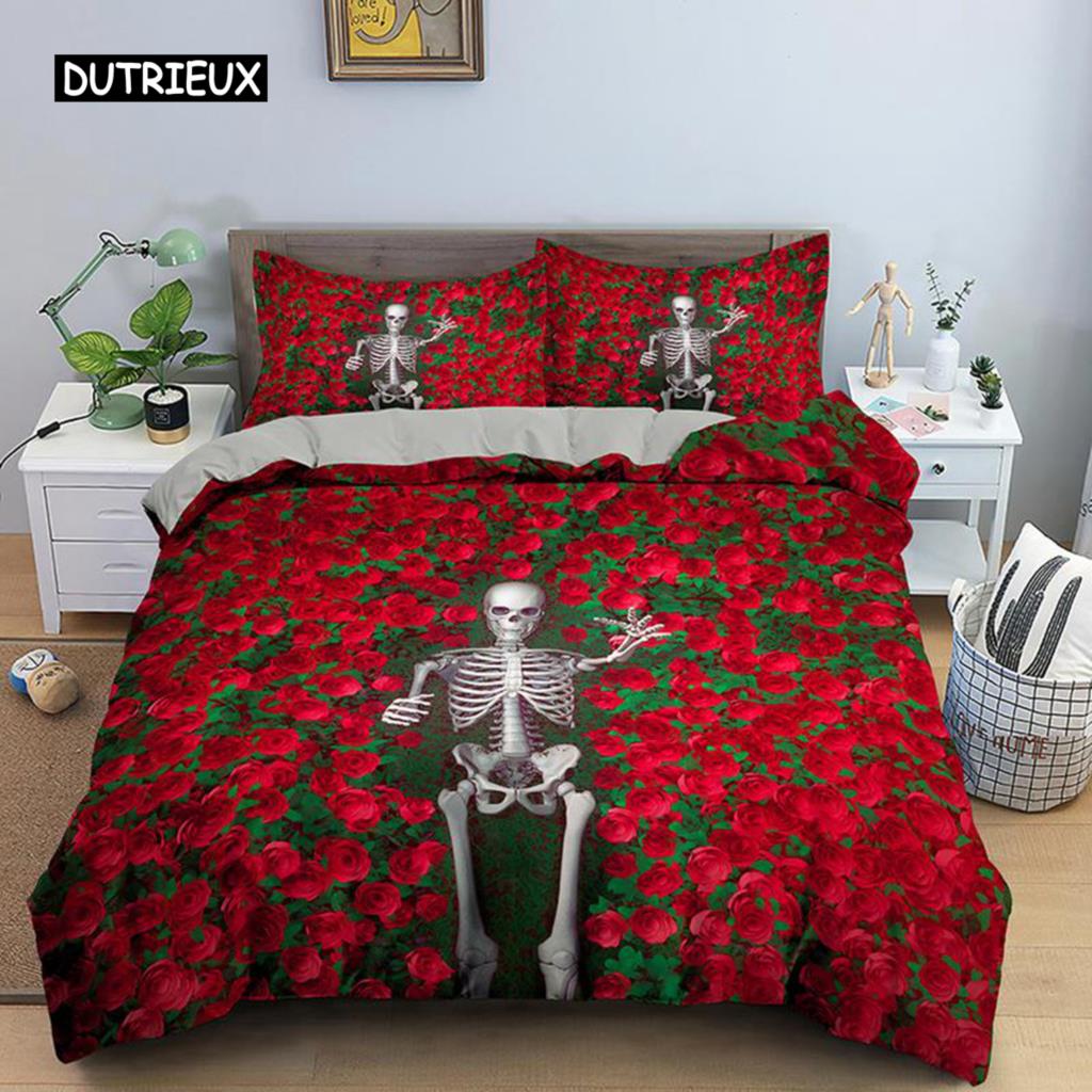 Skeleton Duvet Cover Set Microfiber Bedding Set Twin Size Halloween Funny Skeleton Skulls Bones Comforter Cover for Kids Teens
