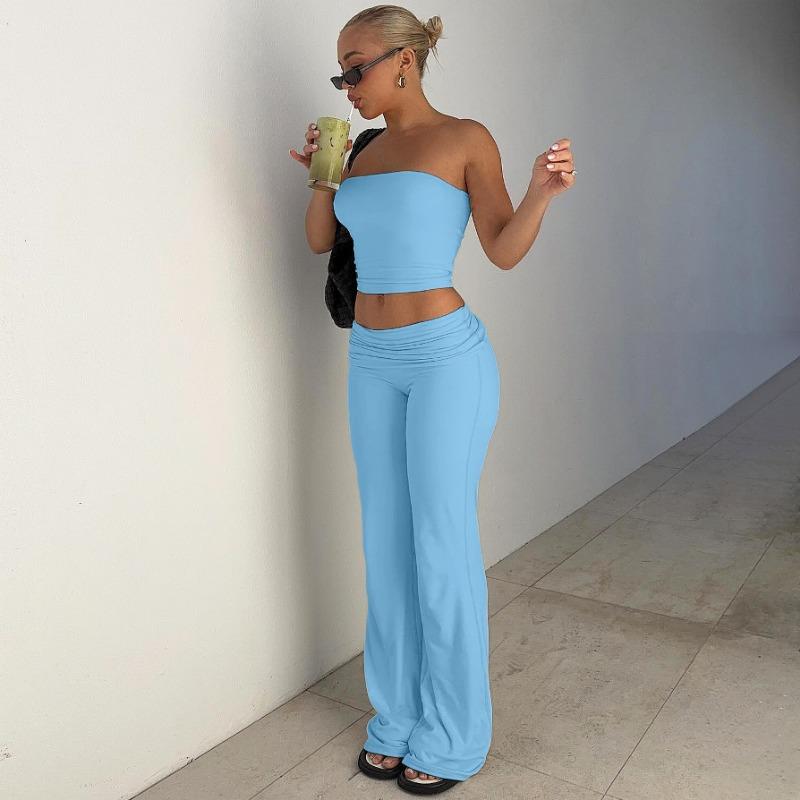 Women Casual Solid Strapless Sleeveless Top Flared Pants Two Piece Set