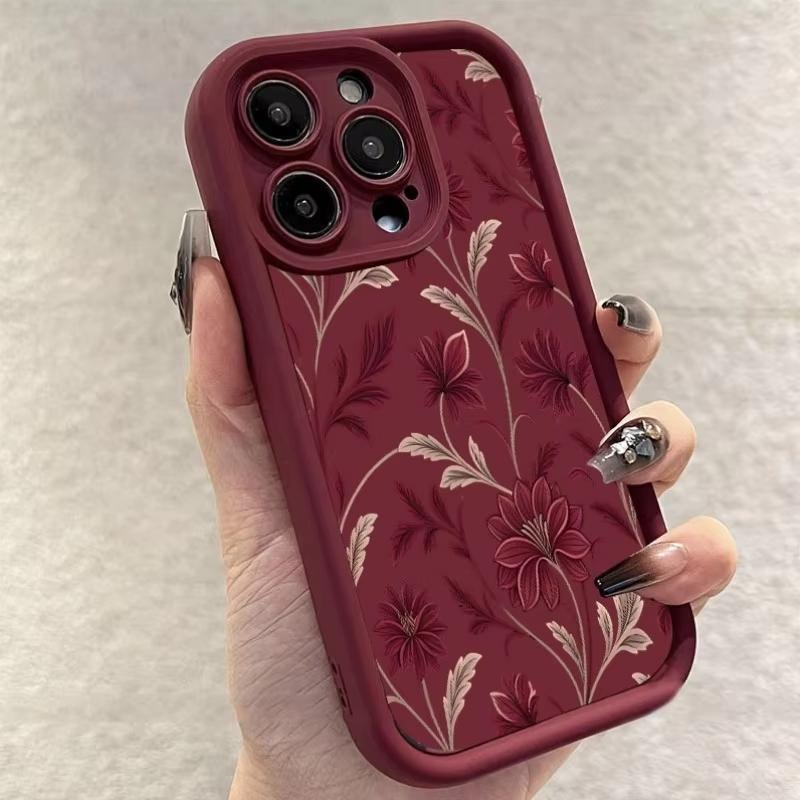 A Burgundy Floral with Light Brown Branches And Leaves Case For iPhone 17 Air 16 15 14 13 12 11 Pro Max XS XR X 7 8 Plus Cover