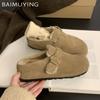 Winter Suede Women Flats Cotton Slippers Short Plush Designer Buckle Casual Mules Shoes 2025 Trend Warm Home Snow Botas De Mujer