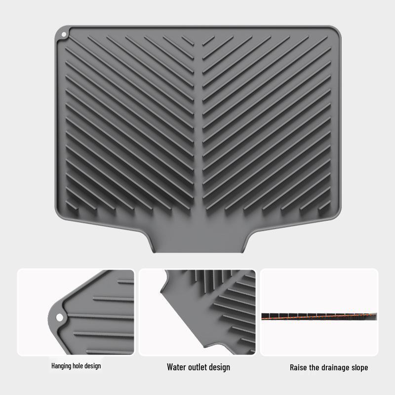 Covoraș de scurgere tacâmuri din silicon antiderapant: Scurgere înclinată pentru uscat farfurii și boluri, rezistentă la căldură.