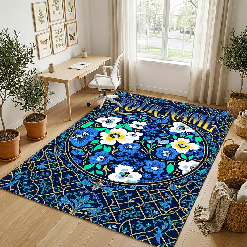 Floral Art Card Theme Soft Crystal Velvet Rug Custom Name & Text Print Non Slip Floor Rug for Bedroom Living Room