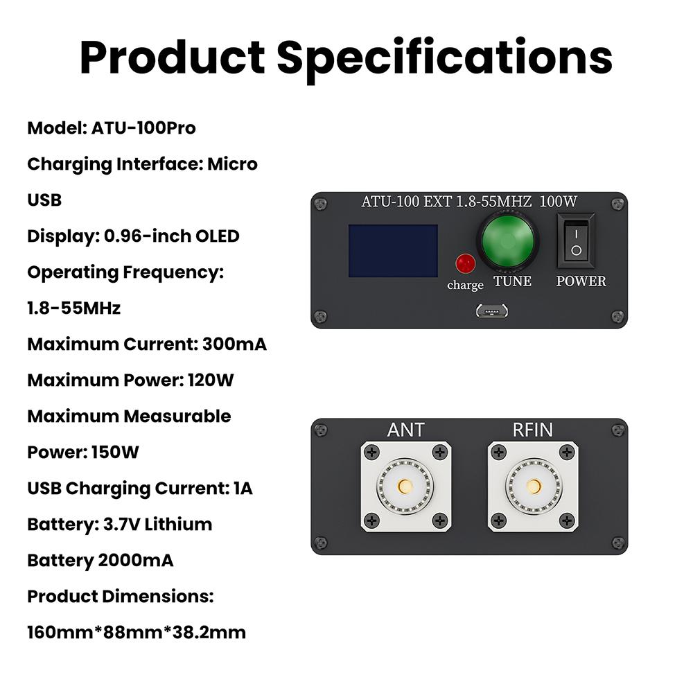 ATU-100Pro Universal Antenna Tuner 1.8MHz-55MHz Automatic Tuner 0.96-inch 0LED Display with Shell Micro USB Interface