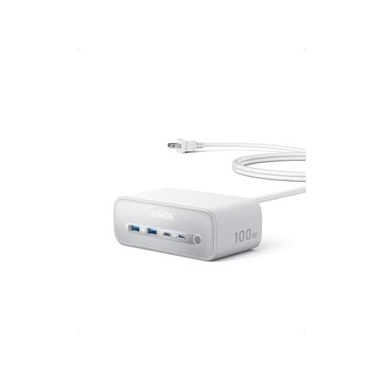 Anker Charging Station (7-in-1, 100W) (USB tap, power tap, AC outlet, 3 ports, USB-C 2 ports, USB-A 2 ports, extension cord 1.5m) White