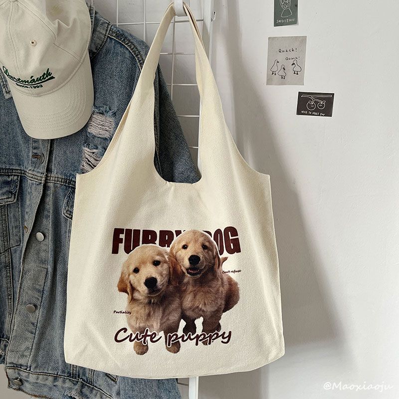 

Bag Female Student Japanese Style White One-Shoulder Canvas Bag Body creamy-white-Dog Pattern