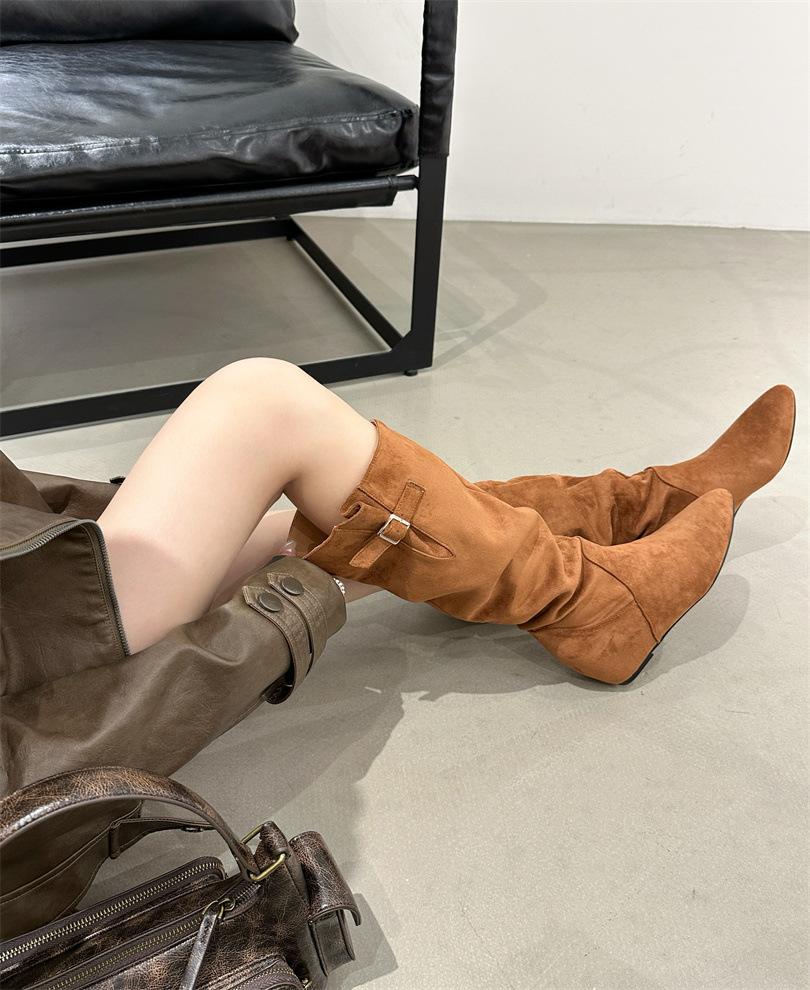 

2025 winter new pointed pile boots thin legs long over the knee boots suede western cowboy boots long boots 39 светло-коричневого