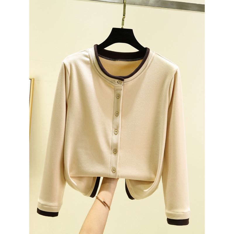 Double-sided Dralon Cardigan Top Long sleeve All-Matching Women Casual Age-Reducing Outerwear Loose Slimming round Neck Home Wear Top