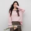 Women's Square Neck Long Sleeve Knit Sweater with Ribbons