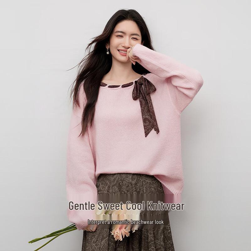 Women's Square Neck Long Sleeve Knit Sweater with Ribbons
