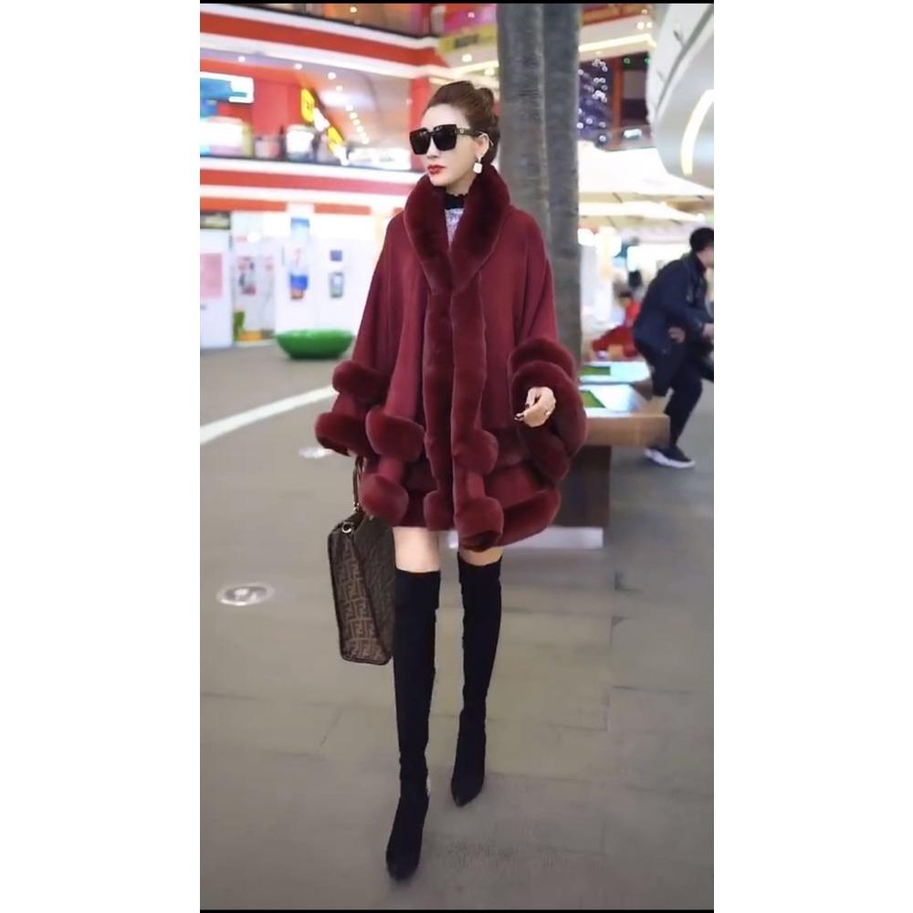 Women's Coat Autumn and Winter New Large Size Imitation Fur Collar Shawl Fur Hooded Knitted Cardigan Shawl Cape Jacket