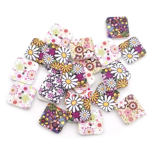

100Pcs Painted Square Shape Flower Print Wooden Button Clothes Bags Sewing Decor 15mm