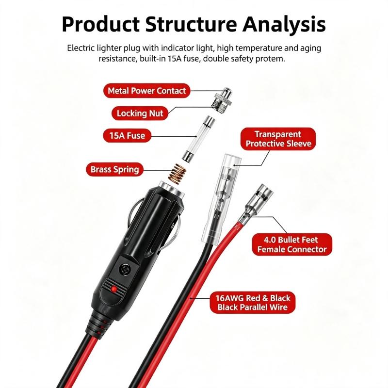 Vehicle Socket Power Cable 12V 24V with LED Light, 16 AWG Wire, and Two Output Wires for Accessory Repair, Service, and Cable Changes