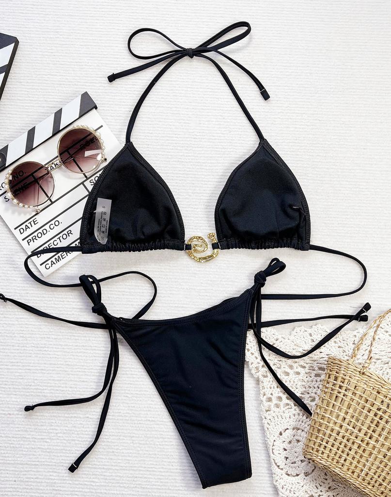 Women's Swimsuit Black Halter Neck Triangle Bag Behind Back Tied Bikini Suit Beachwear Bathing Suits