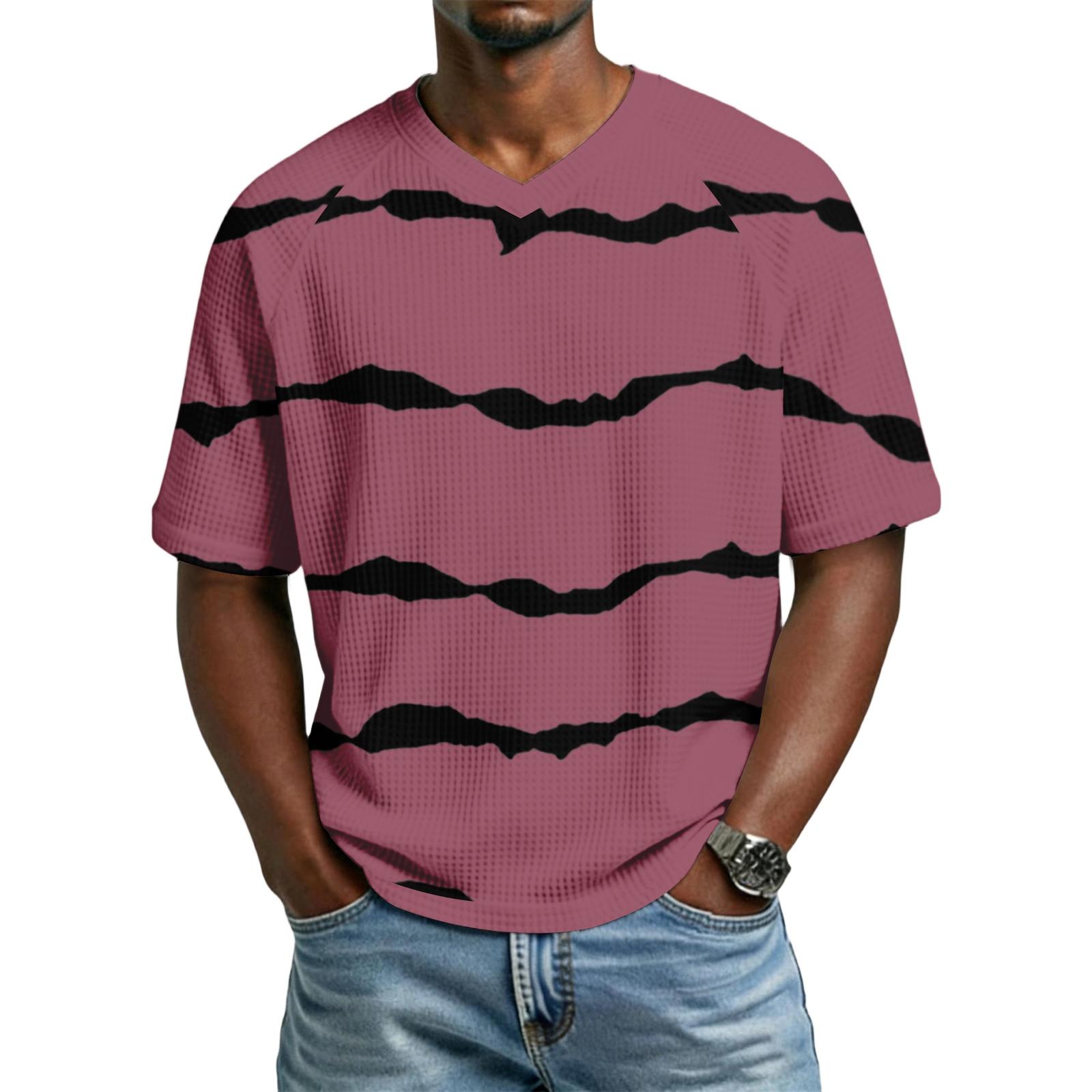 Men s casual stylish striped texture printed short-sleeved shirt  Men s breathable V-neck short-sleeved top L