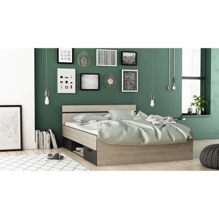DEMEYERE Michigan Lit adulte 140x190 cm - 2 tiroirs et 1 niche - Industriel - Certifié PEFC 100% - Décor chêne brossé et noir