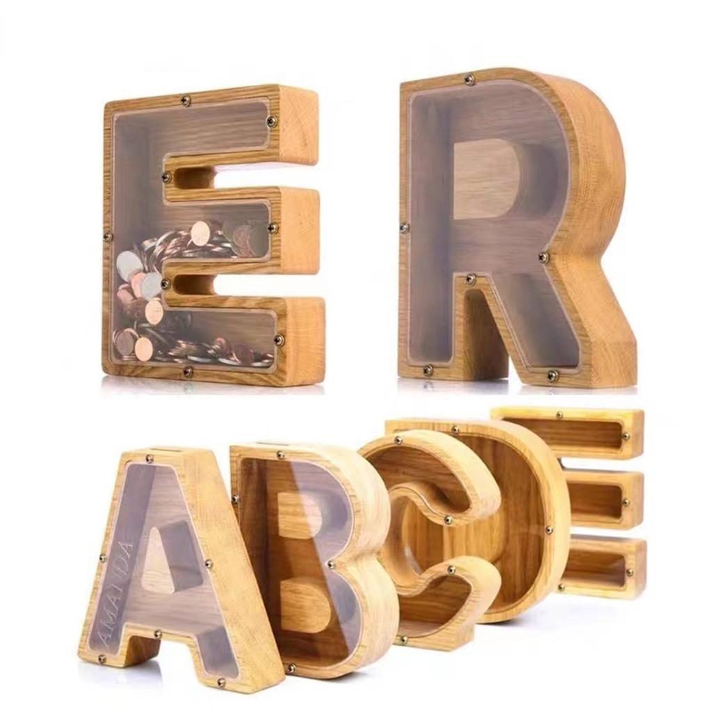 Creative Wooden Piggy Bank Twenty-Six Letter Coin Money Saving Box Storage Customized Name Wood DIY Letter Kids Money Bank Gift