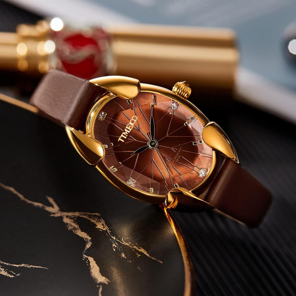 Time100 Watch with Multifaceted Diamond Japanese 30M Water and Brown Butyl Strap Women's Crystal, Movement, Resistance,
