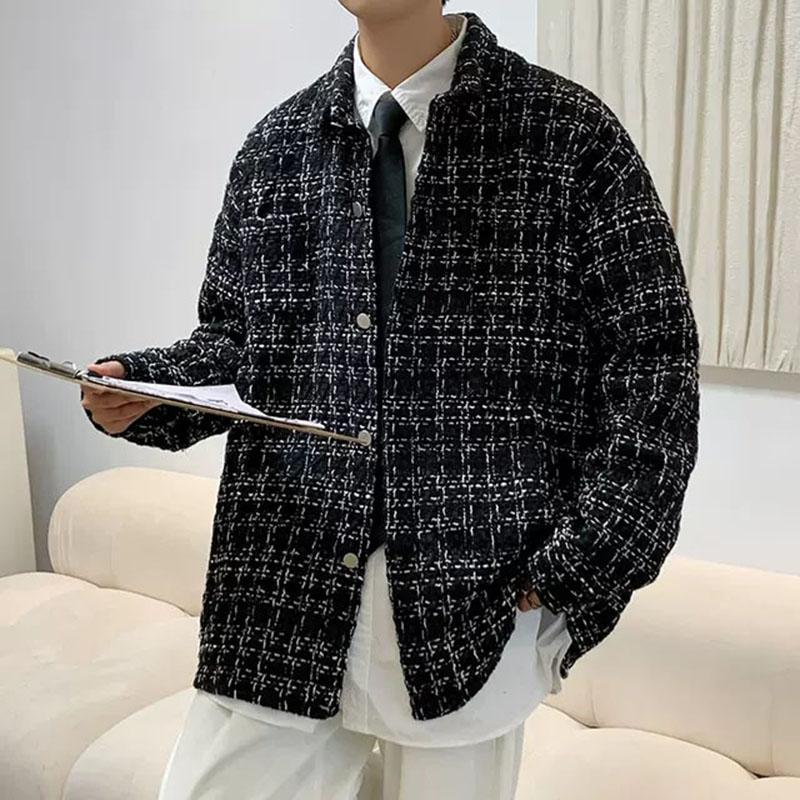 Men's Spring Autumn Winter Woolen Tweed Slim Fit Collarless Jacket Color Blocking Design Youthful Look