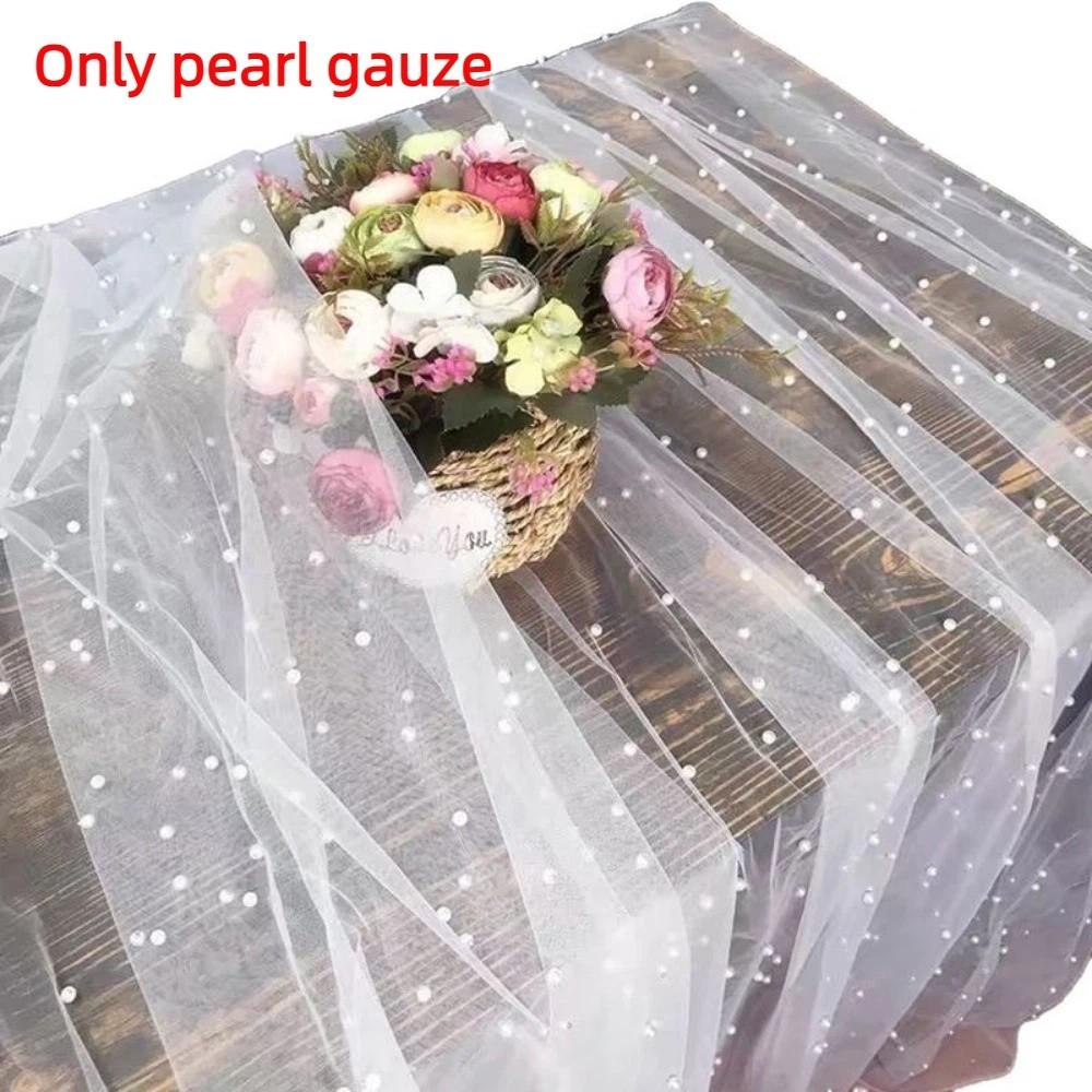 

White Tulle Pearl Table Runner Mesh Fabric Wedding Table Runner Bridal Veil Dessert Table L 72x200cm