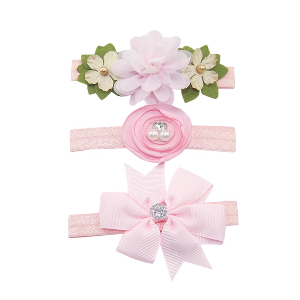 3Pcs Kids Elastic Floral Headband Pearl Hair Girls Baby Bowknot Hairband Set