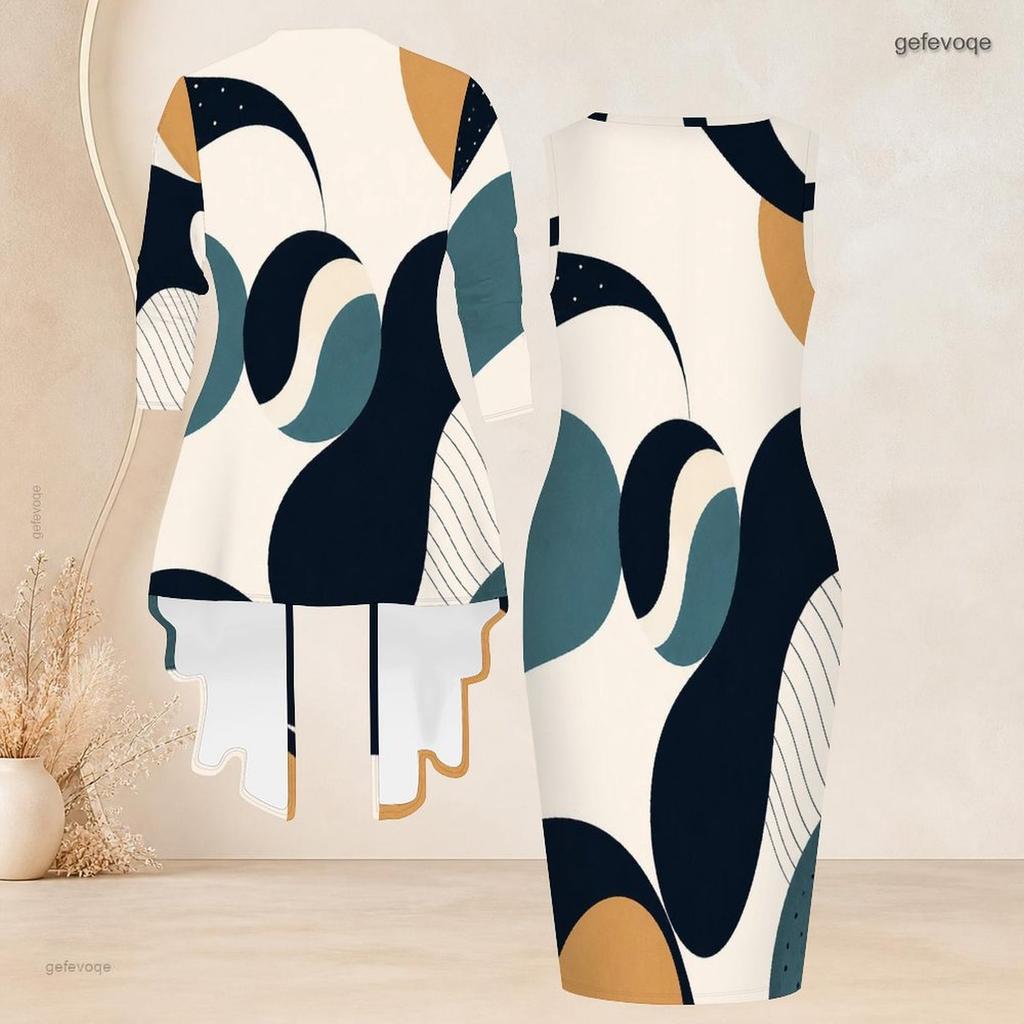 Women Plus Size Two Piece Set Round Neck Sleeveless Bodycon Dress Three Quarter Sleeve Open Front Cardigan Black White Floral Printed