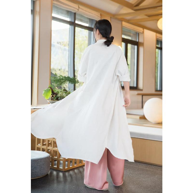 Women Vintage Linen Long Shirts Solid Color Long Sleeve Blouses Spring Button Turn Down Collar Shirt