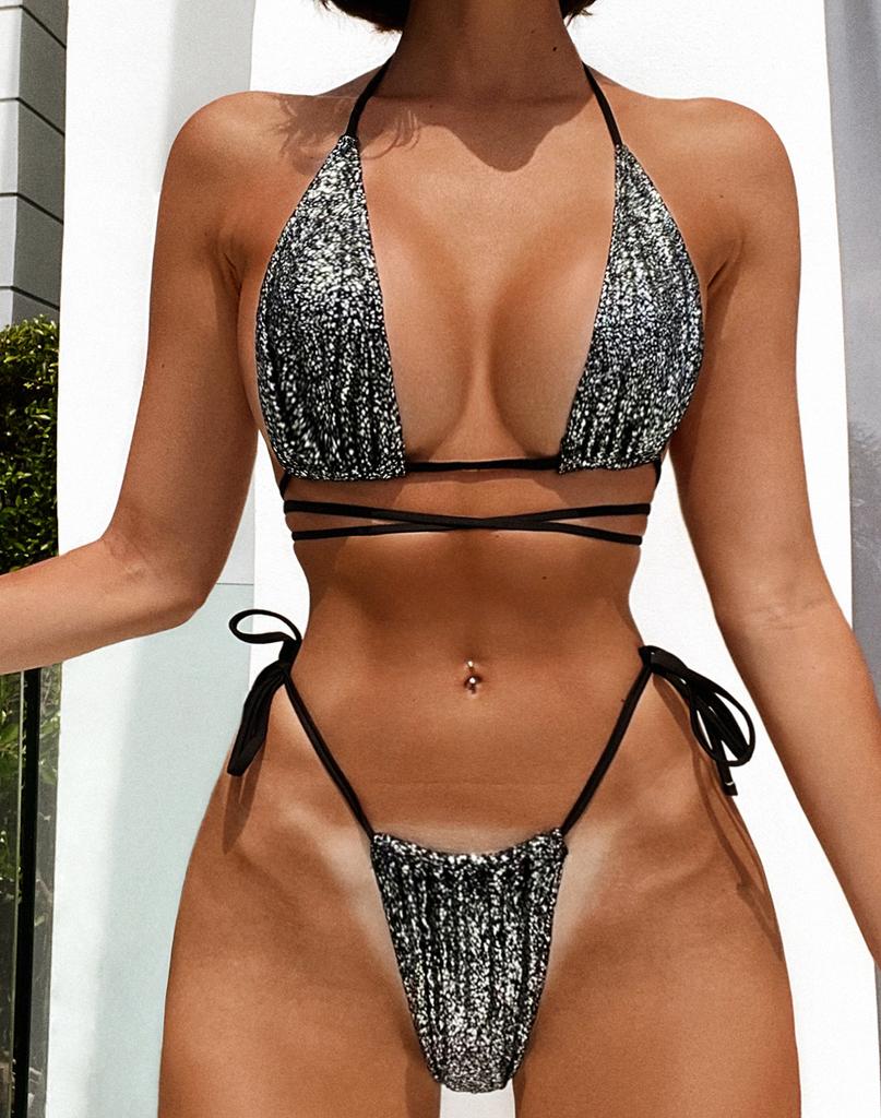 Women's Swimsuit Black Split Swimsuit Sexy Halter Side Tie Brazilian Beachwear Bathing Suits