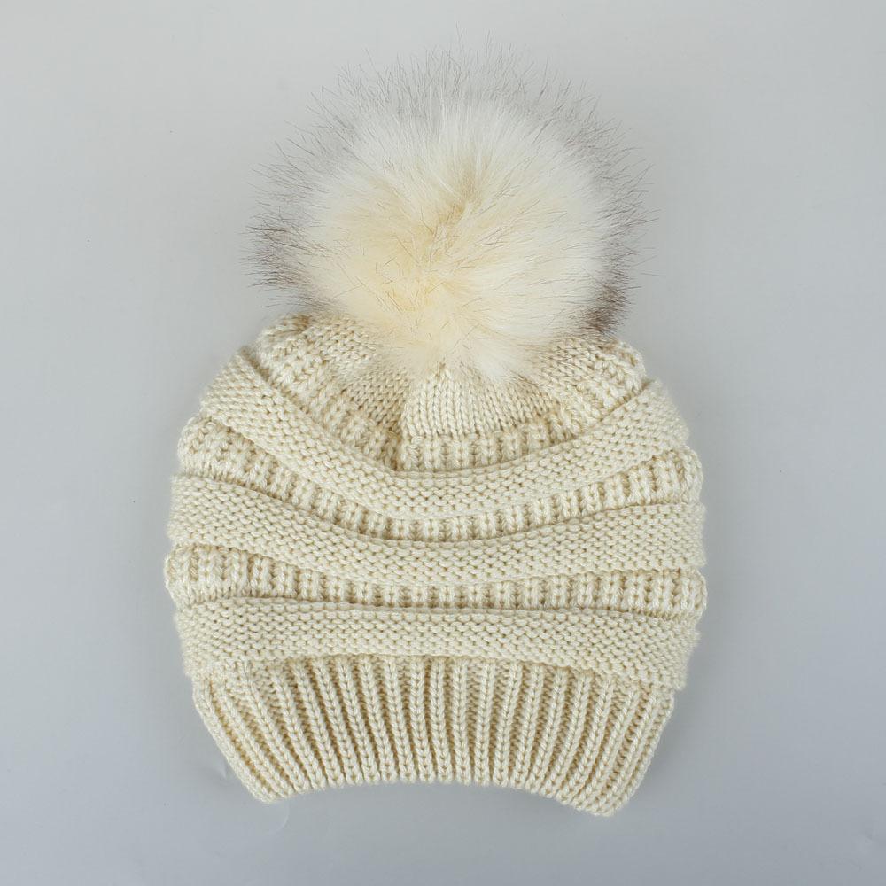 Gorro de punto trenzado de Color sólido con bola de zorro de piel sintética Otoño Invierno para mujer