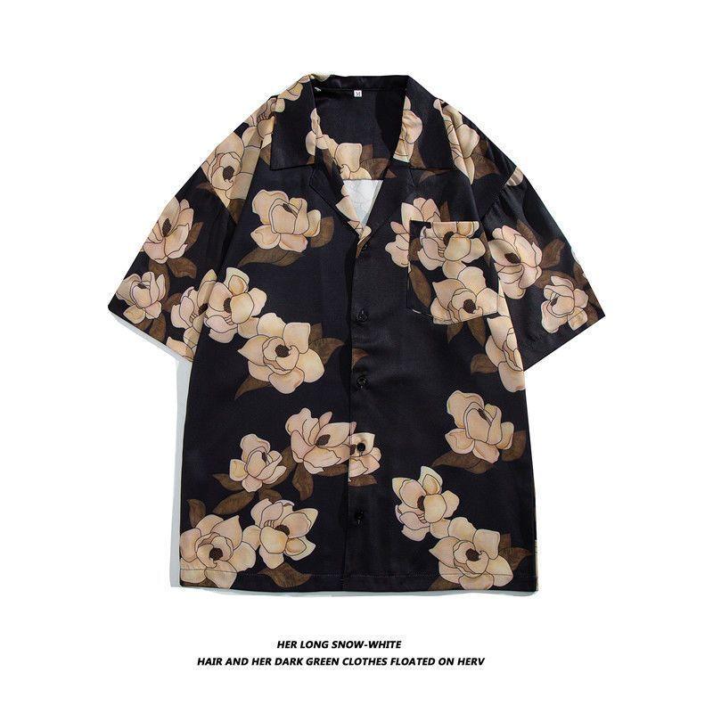 Straight Streetwear Fashion Casual Shirts Turn-down Collar Man Short Sleeve Button Printing Spring Summer Thin Men's Clothing
