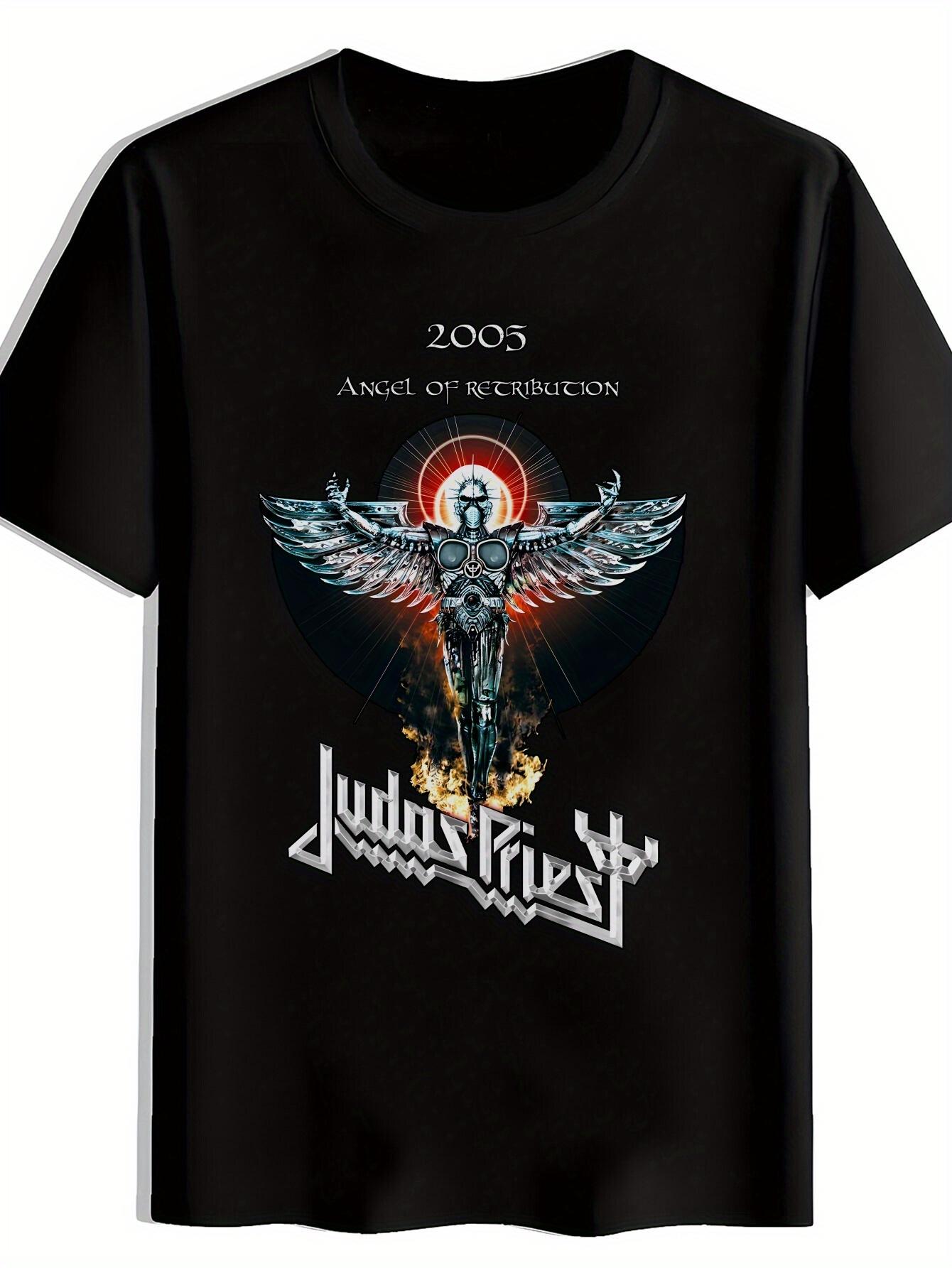 Vintage Rock Band Graphic T-shirt - Black Short Sleeve Round Neck Tee with Angel of Retribution & Judas Priest Design L