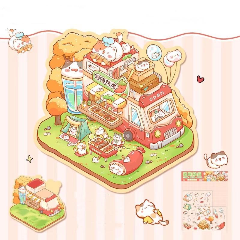 Cartoon Food Street Landscape Sticker Cabin Scene DIY Toy Game Sticker Festival Birthday Gift for Kids Girls and Children