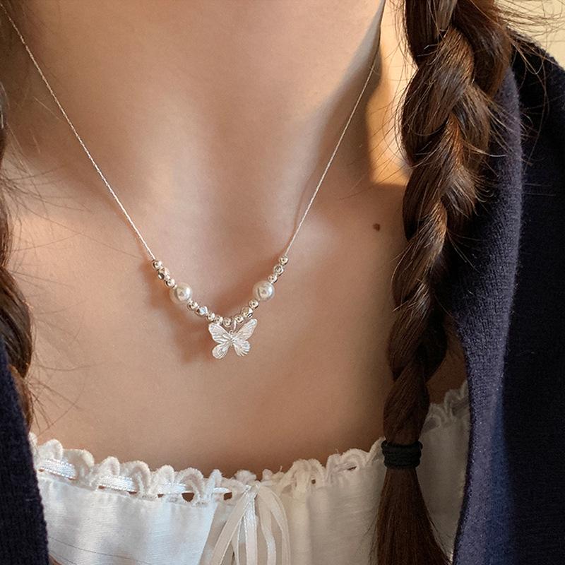 Collier Pendentif Perle Papillon - Choker Style Rétro Français pour Femmes