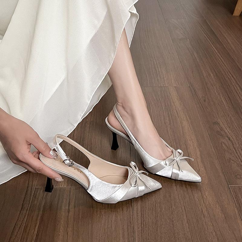 French Stiletto High Heels Bag Head Sandals Women's Shoes 2025 Summer Temperament Socialite Bow Pointed Single Shoes