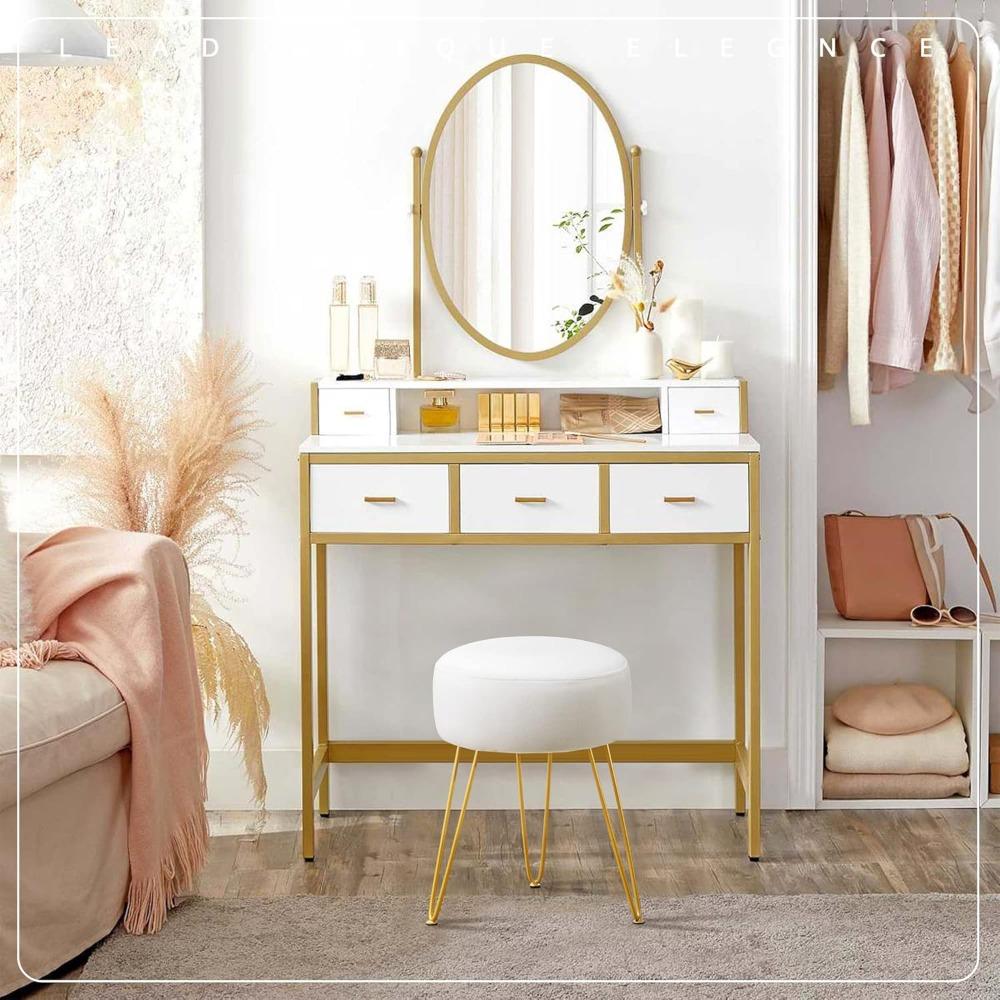Stool, White Vanity Stools for Makeup Room, Round Ottoman Foot Stool, Velvet Footrest Vanity Chair beige