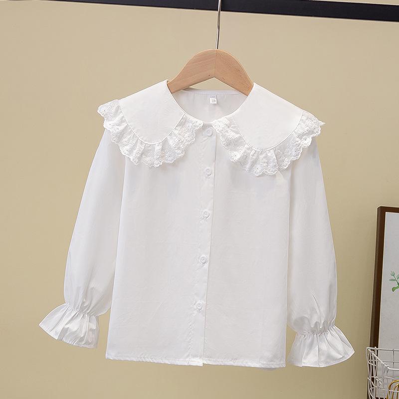 

2024 Весна Девочки Белый Хлопок Кружево Кукольный Воротник Рубашка Длинный Рукав 170 cm