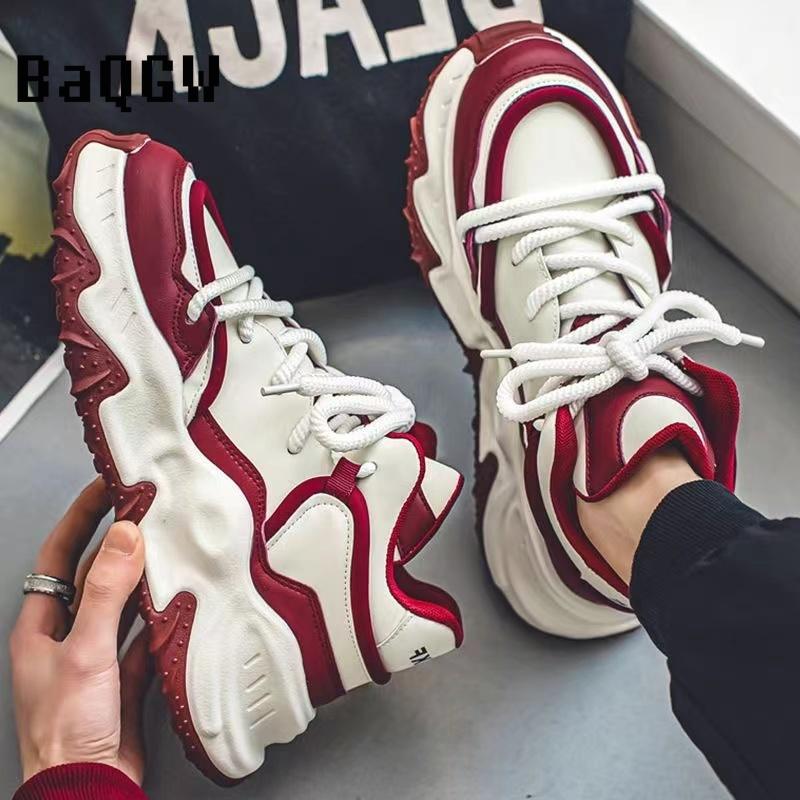 Fashion Chunky Sneakers Men Soft Sole Running Shoes Fashion Casual Leather Color Block Design Breathable Height Increased Platform Shoes