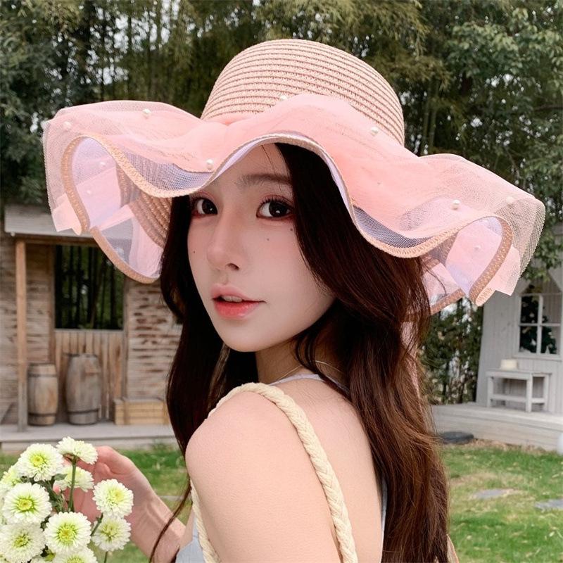 Straw hat women's summer French beach sunscreen sun hat big edge hat outdoor seaside visor travel vacation wind