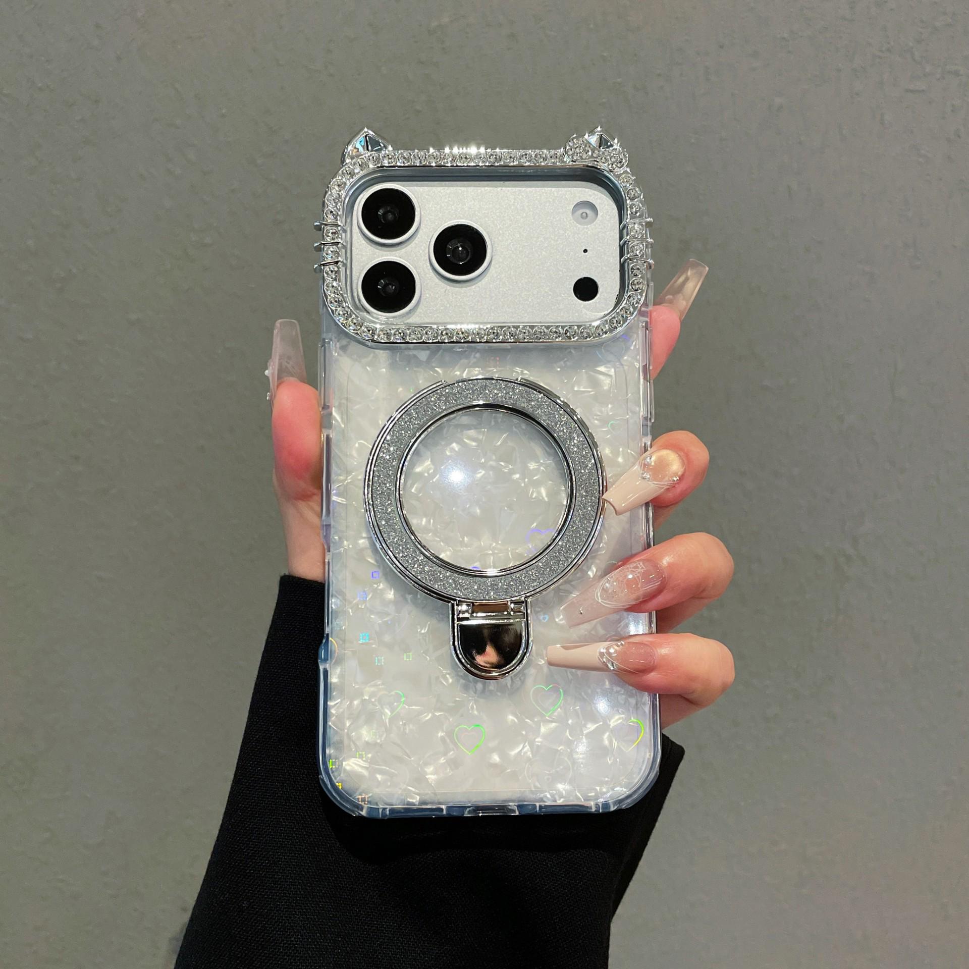 

Cat Ear Shell Texture Bracket Case for iPhone 17 Pro Max - Compatible with iPhone 16, 15, 14. iPhone 14 Pro