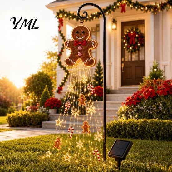 Metal Christmas Garden Decor Gingerbread Solar Light, Waterproof Outdoor Yard Light with Warm Festive Stake Lights Waterfall LED, Pathway Lamp