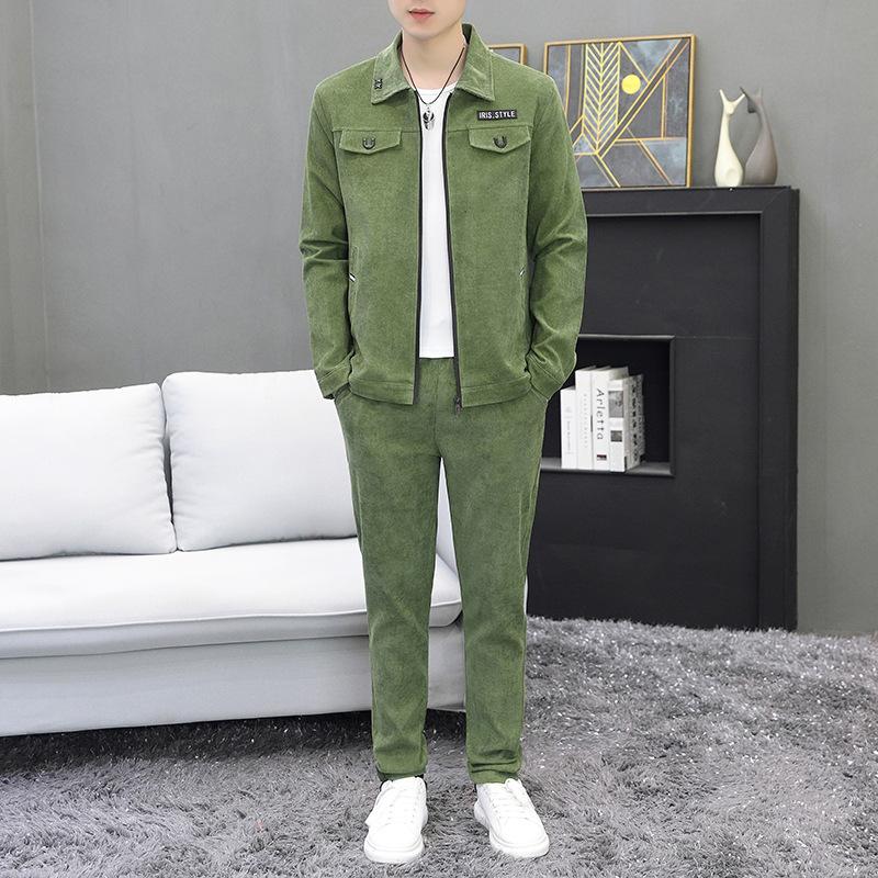 Men Autumn  Casual Track Suit Corduroy Sets Two Piece Long Trousers and Jakcet Clothing Men  Pockets Suits