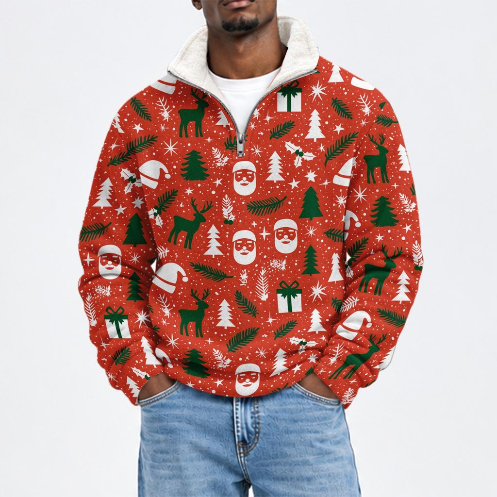 Men's Fall Winter Flannel Christmas Print Sweatshirt for Casual and Holiday Wear