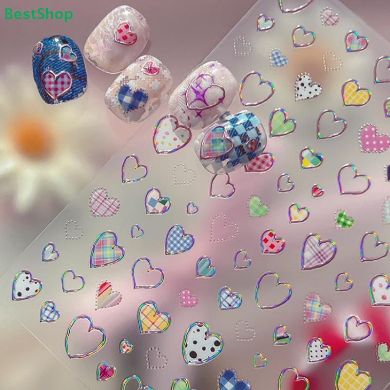 Y2K Style Heart Nail Decals | Plaid & Polka Dot Love Heart Stickers for Trendy Nails