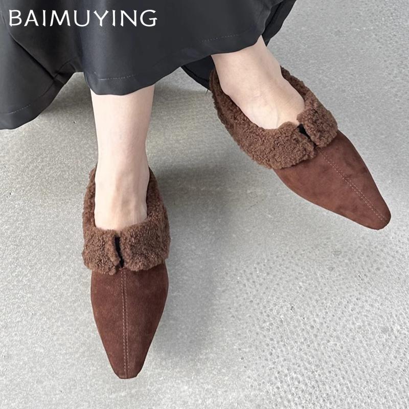 Fur Flats Women Boots Suede Pointed Toe Elegant Short Plush Winter Cotton Shoes 2025 Trend Designer Warm Cozy Chaussures Femme
